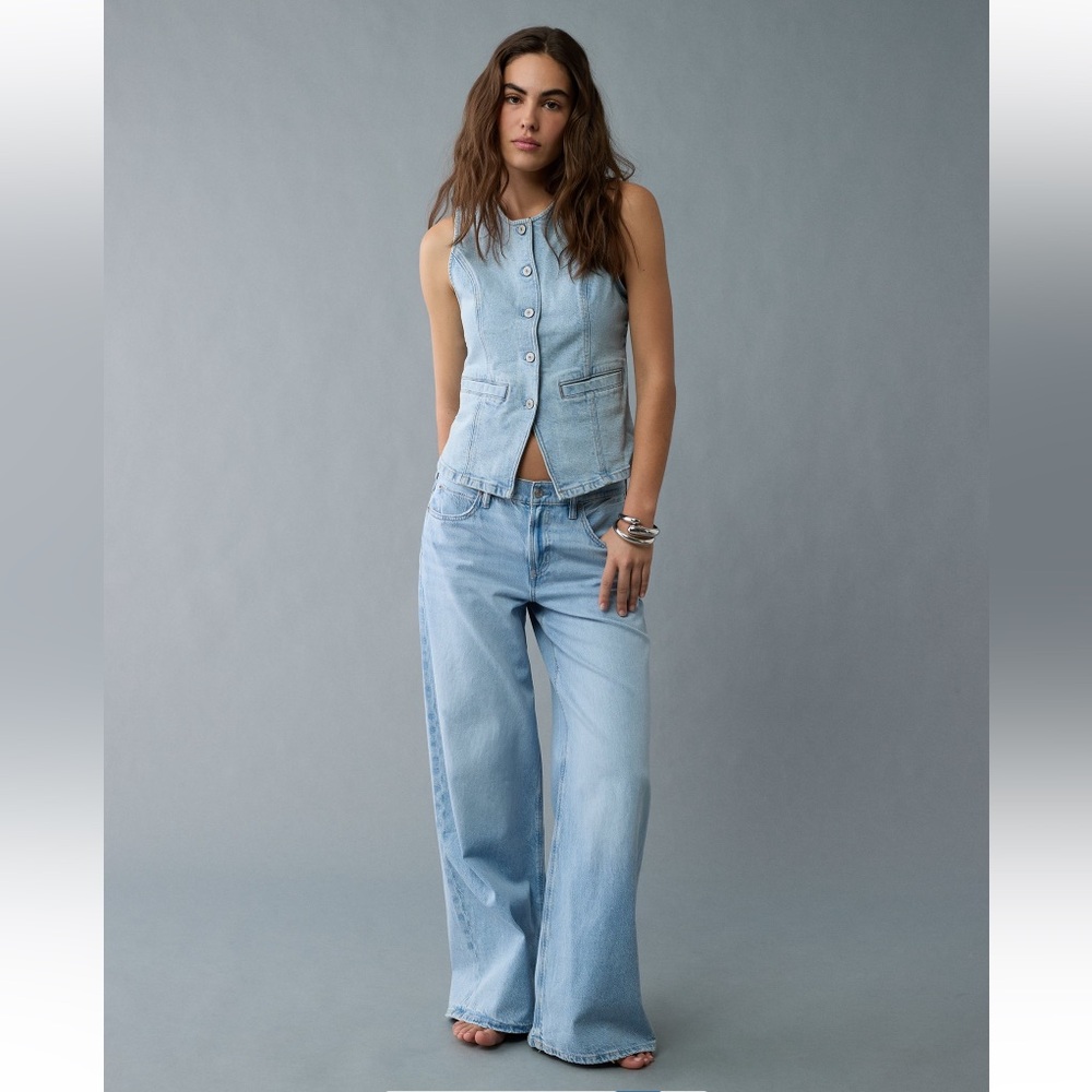American Eagle Crew Neck Button-Up Denim Vest